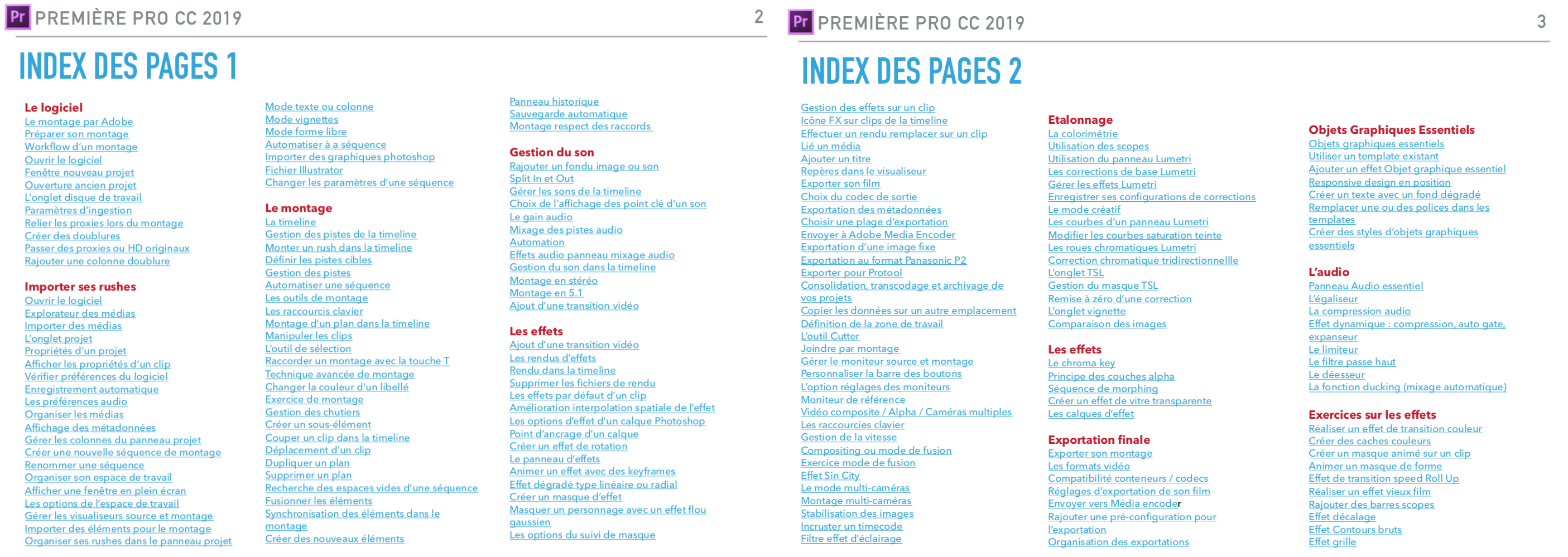 Index du PDF de formation à Première Pro CC 2019