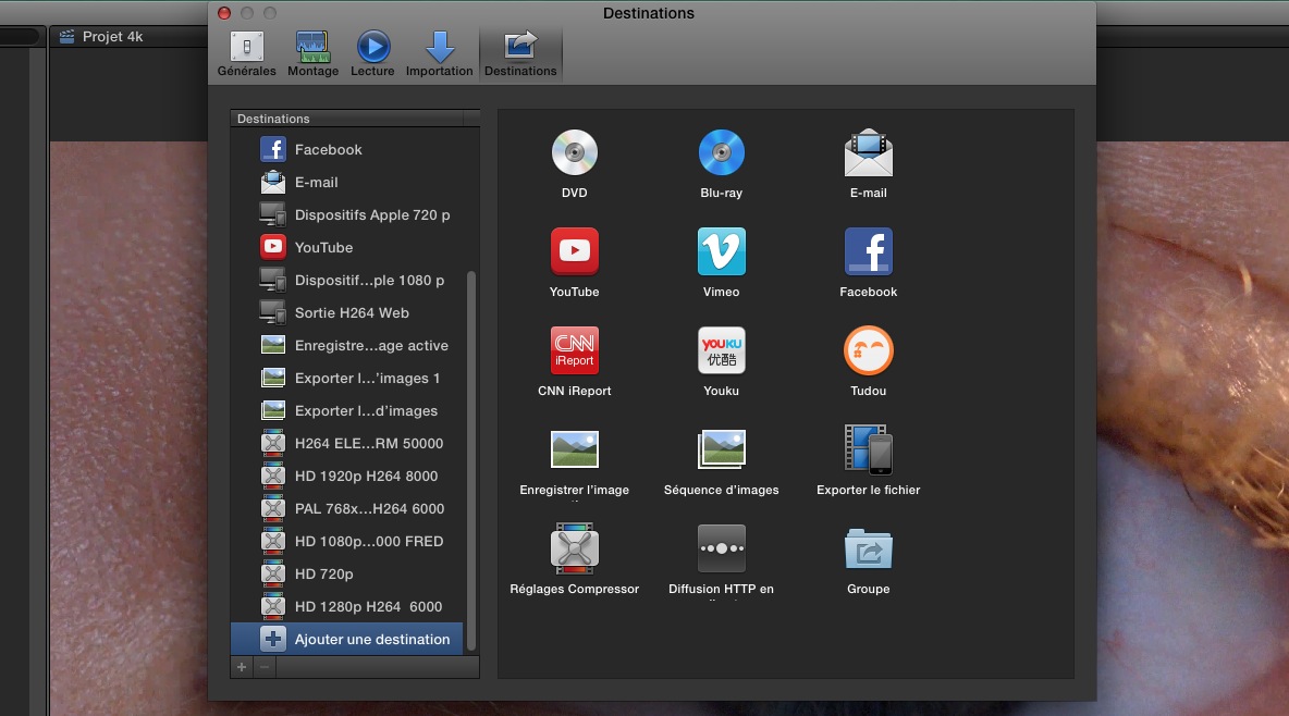 Les destinations de Partage de FCPX 10.1