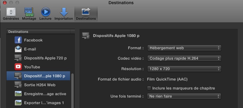 Modifier une destination de Partage sous FCPX 10.1