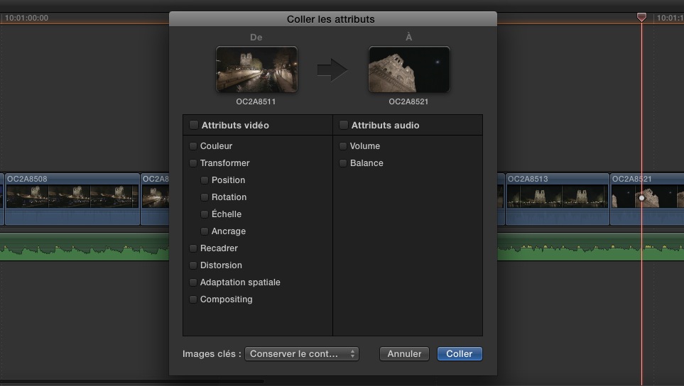 Fonction "Coller les attributs" de FCPX 10.1.1