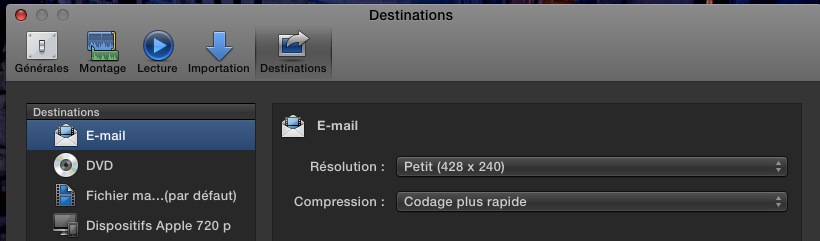FCPX 10.1 : Préférences de destinations pour le Partage de vidéo "E-Mail" ou "YouTube"
