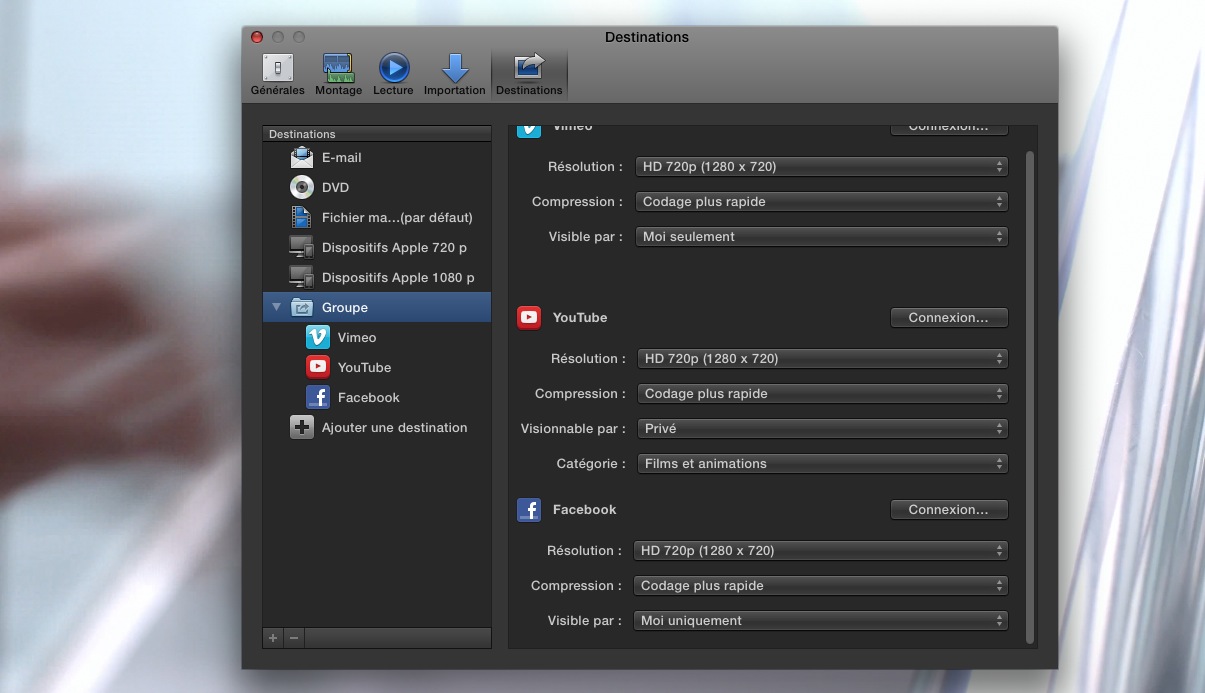 Création d'un Groupe pour Partager sur Vimeo, YouTube et Facebook sous FCPX 10.1.1