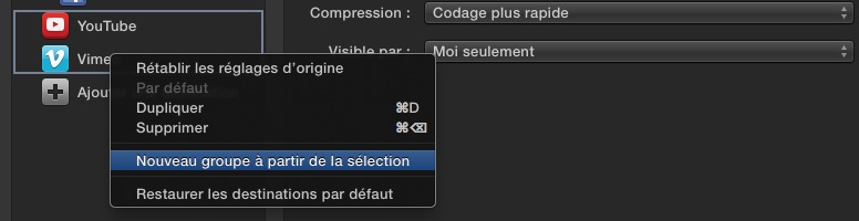 Création d'un groupe à partir d'une sélection de destinations sous FCPX 10.1.1