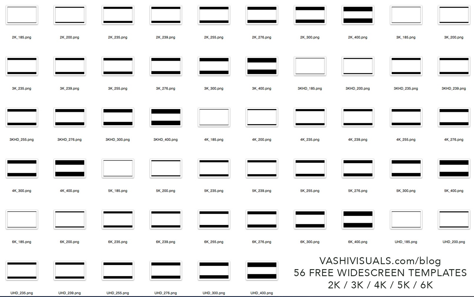 6 images de barre-scopes avec toutes les tailles actuelles.