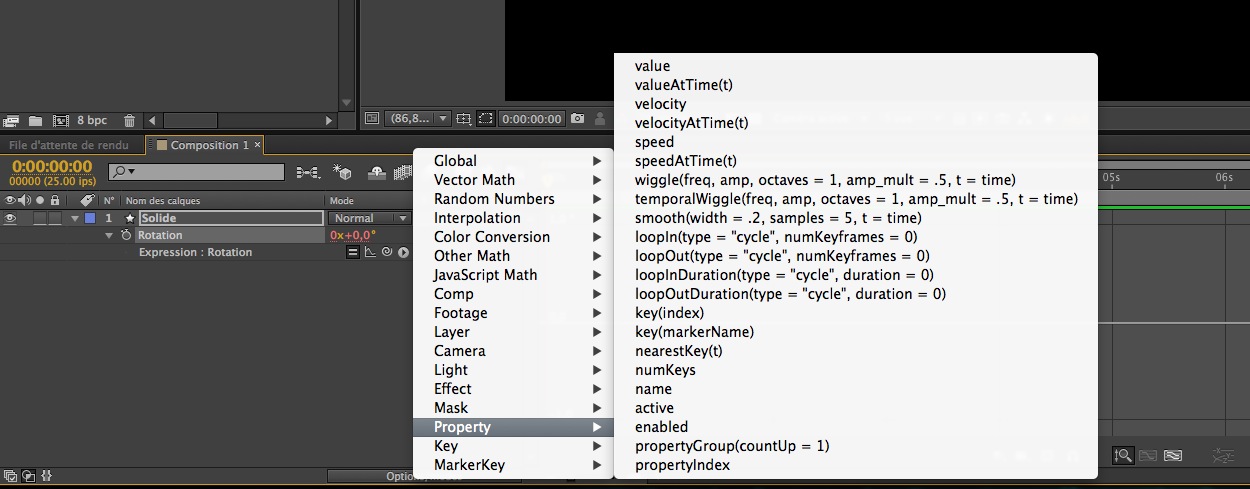 Les options et paramètres d'expressions d'After Effects.