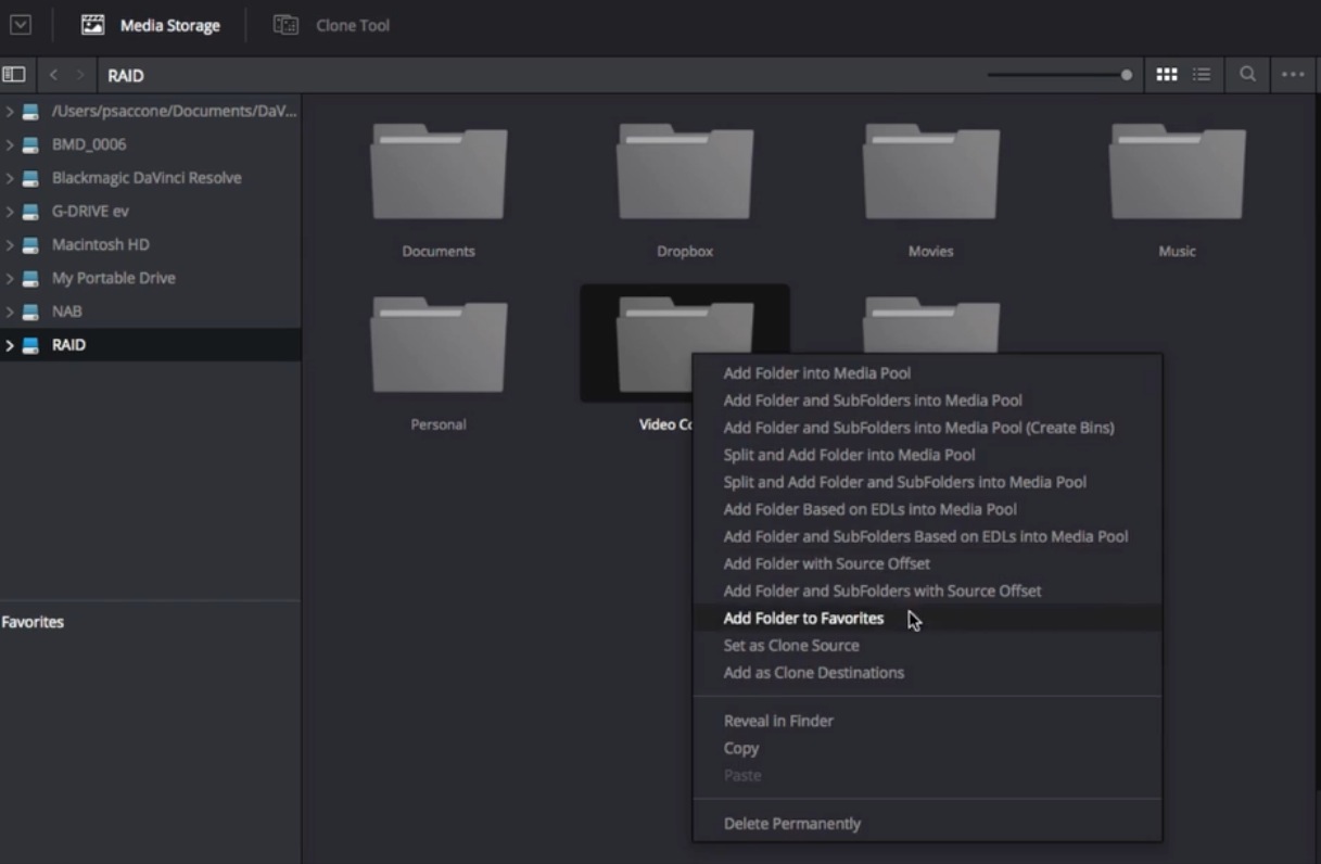 Créer des dossiers favoris pour classer vos rushes.