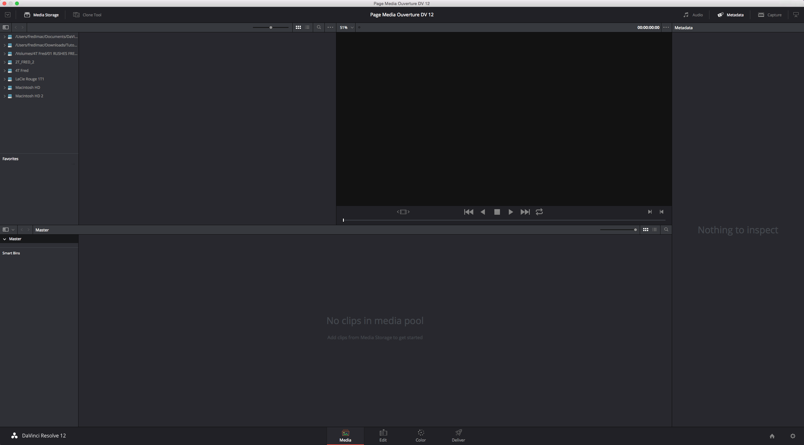La page Media du DaVinci Resolve 12