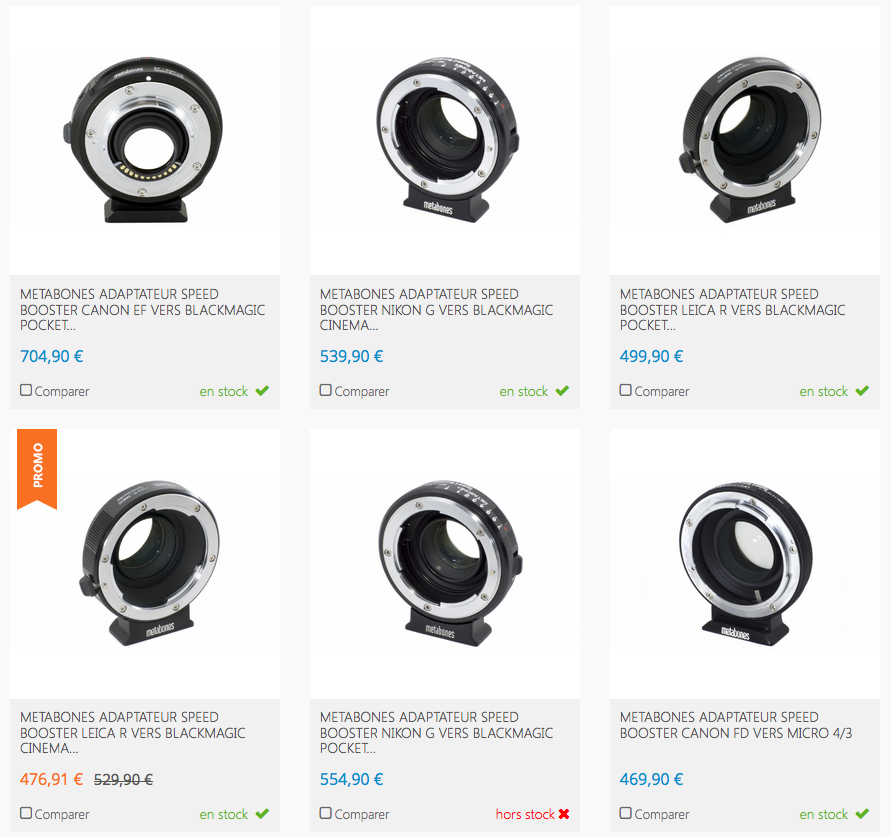 Les différentes versions de Speed Booster chez Metabones.